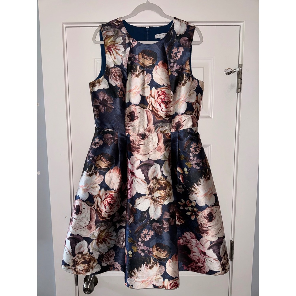 Kay Unger Floral Navy and Cream Midi Dress